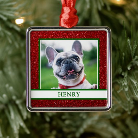 Hond Foto Kerstmis Rode Glitter Naam Metalen Ornament (Boom)