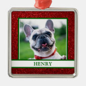Hond Foto Kerstmis Rode Glitter Naam Metalen Ornament (Voorkant)