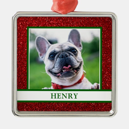 Hond Foto Kerstmis Rode Glitter Naam Metalen Ornament (Voorkant)