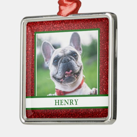Hond Foto Kerstmis Rode Glitter Naam Metalen Ornament (Links)
