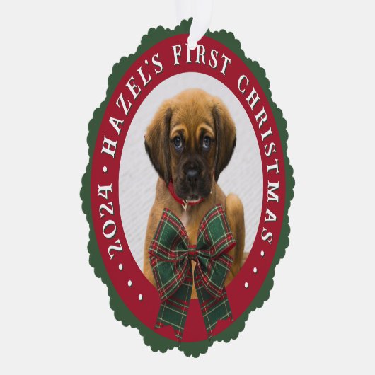 Hond Foto Plaid Bow Kerst Papier Ornament Kaart (Rechts)