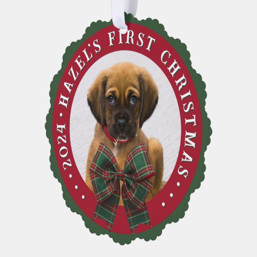 Hond Foto Plaid Bow Kerst Papier Ornament Kaart (Links)