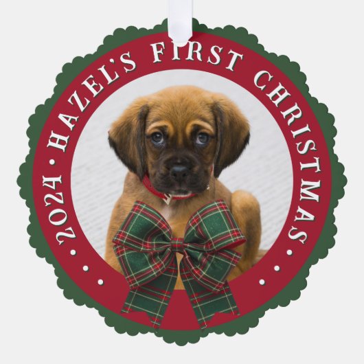 Hond Foto Plaid Bow Kerst Papier Ornament Kaart (Voorkant)