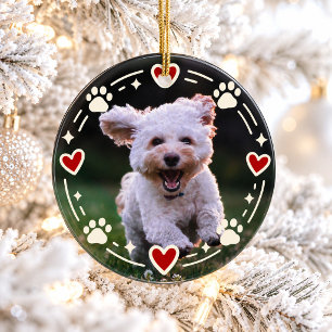 Hond Foto Pootafdruk Rode Hart Kerstmis Keramisch Ornament