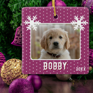 Hond Foto Sneeuwvlokken Paars Huisdier Naam Kerstm Keramisch Ornament