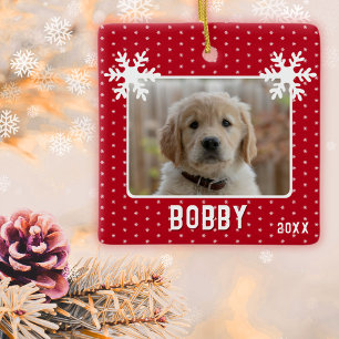 Hond Foto Sneeuwvlokken Rood Huisdier Naam Kerstmi Keramisch Ornament