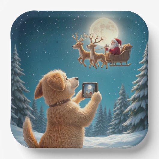Hond fotograferen Kerstman in Sleigh Papieren Bordje (Voorkant)