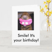 Hond glimlach, glimlach! Het is jouw verjaardag! Kaart (Gele Bloem)