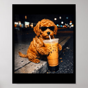 Hond goldendoodle drinkt ijskoude koffie grappig d poster