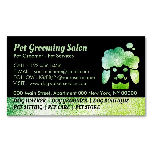 Hond Grooming Salon groen bad spa Magnetisch Visitekaartje (Voorkant)