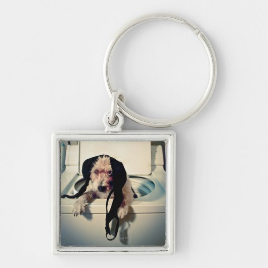 Hond helpt bij het wassen sleutelhanger (Voorkant)