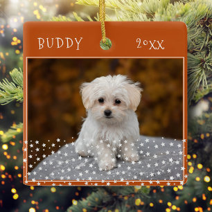 Hond huisdier 2 foto's ster patroon oranje Kerstmi Keramisch Ornament