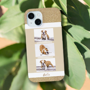 Hond huisdier 3 foto collage gouden glitter iPhone 15 case