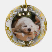 Hond Huisdier Eerste Kerstfoto Kransen Gouden Foli Keramisch Ornament (Voorkant)