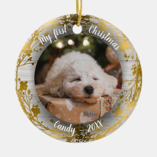 Hond Huisdier Eerste Kerstfoto Kransen Gouden Foli Keramisch Ornament (Voorkant)