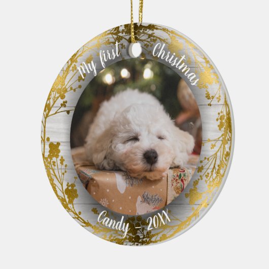 Hond Huisdier Eerste Kerstfoto Kransen Gouden Foli Keramisch Ornament (Links)