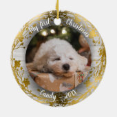 Hond Huisdier Eerste Kerstfoto Kransen Gouden Foli Keramisch Ornament (Achterkant)