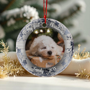 Hond Huisdier Eerste Kerstfoto Kransen Zilverfolie Keramisch Ornament