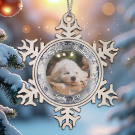 Hond Huisdier Eerste Kerstfoto Kransen Zilverfolie Tin Sneeuwvlok Ornament
