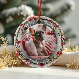 Hond Huisdier Eerste Kerstfoto Rode Berry Krans Keramisch Ornament