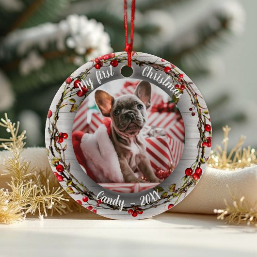 Hond Huisdier Eerste Kerstfoto Rode Berry Krans Keramisch Ornament