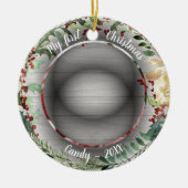 Hond Huisdier Eerste Kerstfoto Winter Krans Keramisch Ornament (Voorkant)