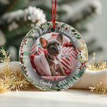 Hond Huisdier Eerste Kerstfoto Winter Krans Keramisch Ornament<br><div class="desc">Leg de eerste kerst van uw hond vast met gepersonaliseerde foto's. Voeg je favoriete afbeeldingen,  hun naam en het jaar toe voor een unieke souvenir die je nieuwe komst viert! Ontworpen door CaMiDesigns.</div>