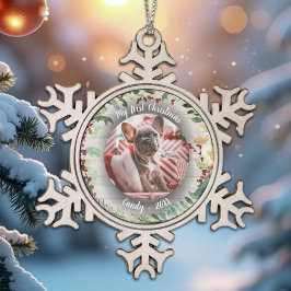 Hond Huisdier Eerste Kerstfoto Winter Krans Tin Sneeuwvlok Ornament