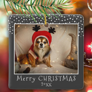 Hond huisdier foto sterren grijs vrolijk kerstfees keramisch ornament
