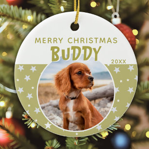 Hond huisdier foto vrolijk kerstfeest ster patroon keramisch ornament
