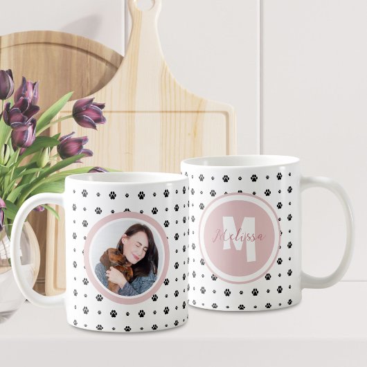 Hond Huisdier Monogram Foto Paw Print Blush Roze Koffiemok