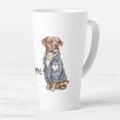 Hond in blauwe denim jas latte mok (Rechterhoek)