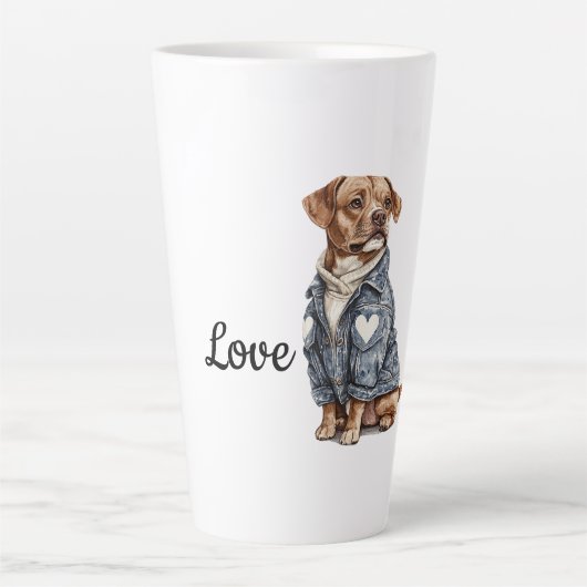 Hond in blauwe denim jas latte mok (Voorkant)