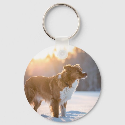 Hond in de Sneeuw Wintertafereel Sleutelhanger (Voorkant)
