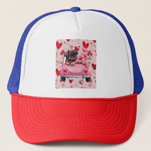 Hond in een auto met harten trucker pet (Voorkant)