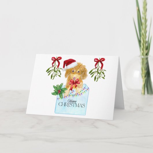 Hond in een blauw doosje Kerst Kaart (Voorkant)
