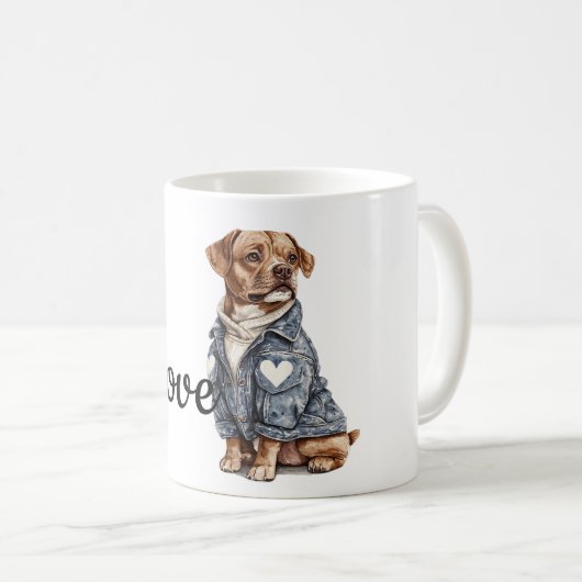 Hond in een blauw jeans koffiemok (Voorkant rechts)