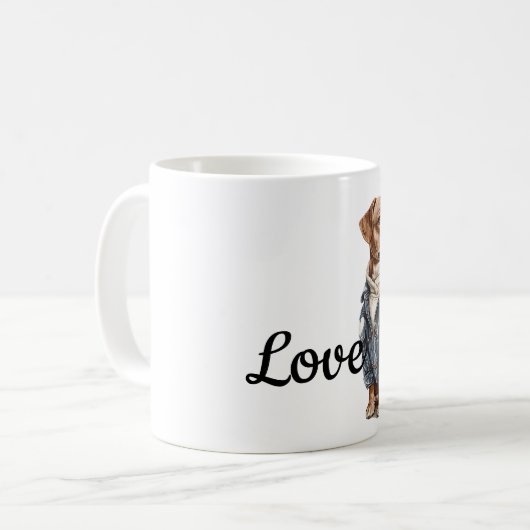 Hond in een blauw jeans koffiemok (Voorkant links)