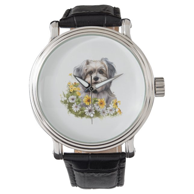 Hond in een bloementuin horloge (Voorkant)