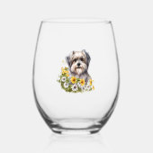 Hond in een bloementuin wijnglas zonder voet (Voorkant)