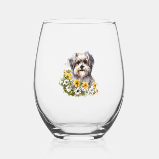 Hond in een bloementuin wijnglas zonder voet (Voorkant)