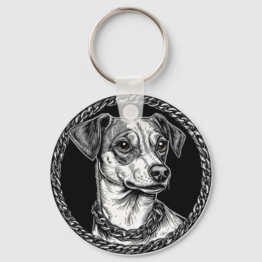 Hond in een cirkelvormig decoratief frame sleutelhanger (Voorkant)