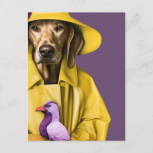 Hond in een gele regenjas met een Paarse vogel Briefkaart