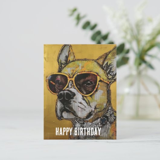 Hond in gele bril Mixed Media Verjaardag Collage Briefkaart (Staand voorkant)