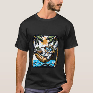 Hond in hangmat met zonnebril en kokosnoot t-shirt