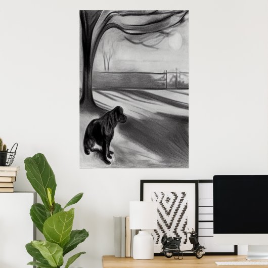 Hond in het park zwart-wit AI Art Poster (Thuiskantoor)