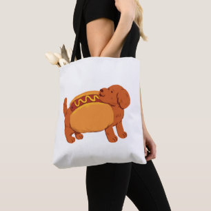 Hond in hotdog kostuum tote bag