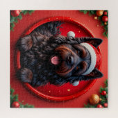 Hond in kerstmuts omringd door festieve Kerstmis Legpuzzel (Horizontaal)