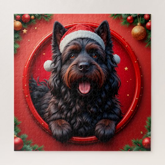 Hond in kerstmuts omringd door festieve Kerstmis Legpuzzel (Verticaal)