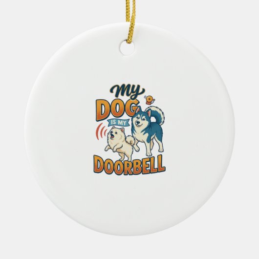 Hond Is Deurbel Blaffen Witte Blauwe_1 Keramisch Ornament (Voorkant)